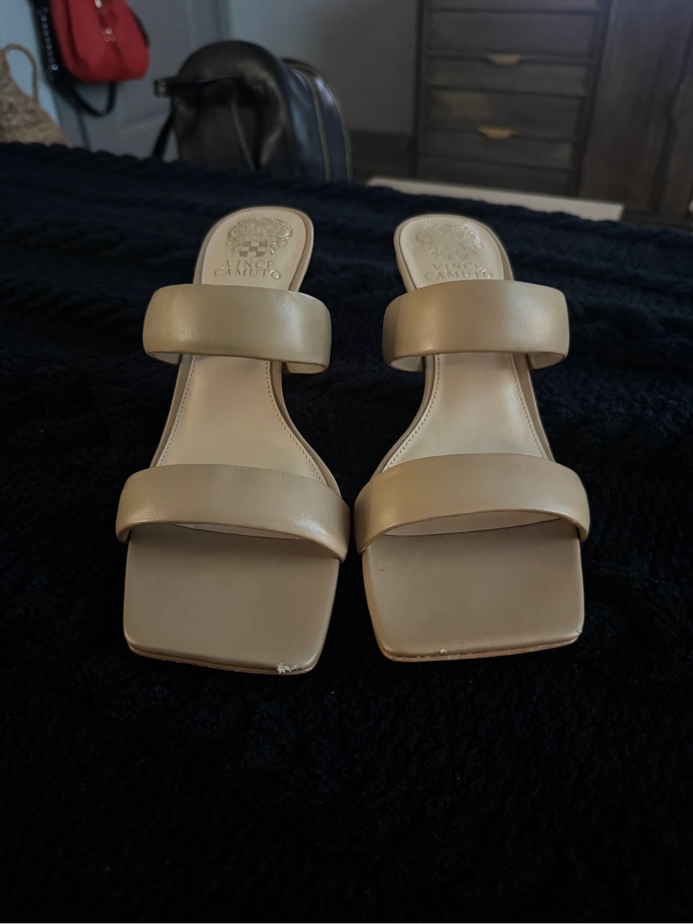 Vince Camuto Tan Double-Strap Square-Toe Slide Mules